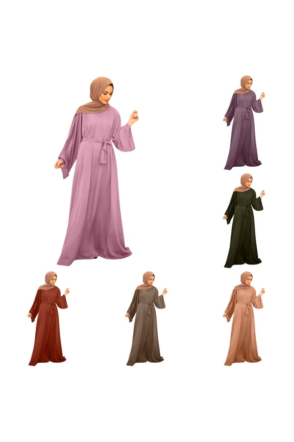 Women’s Solid‑Color Flared‑Sleeve Waist‑Tie Full‑Length Polyester Abaya Arab Kaftan Maxi Dress With Matching Belt Size S‑XXL Plus Size Friendly