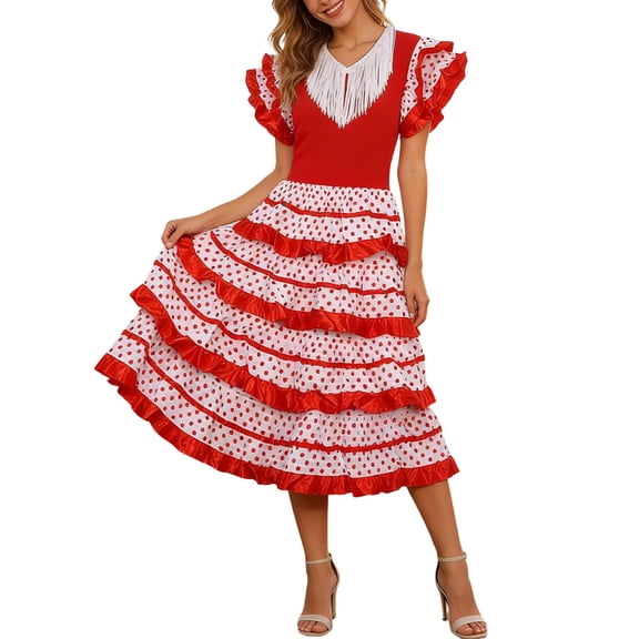 Jane Wardrobe Women's Spanish Flamenco Dress, Polka Dot Ruffle Tiered Midi Dress for Carnival & Stage Performance, 1PC, S-XXXL