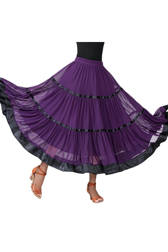 Women's Spanish Flamenco Skirt, Mesh Ruffle Maxi Dance Skirt, 1PC, L-XL