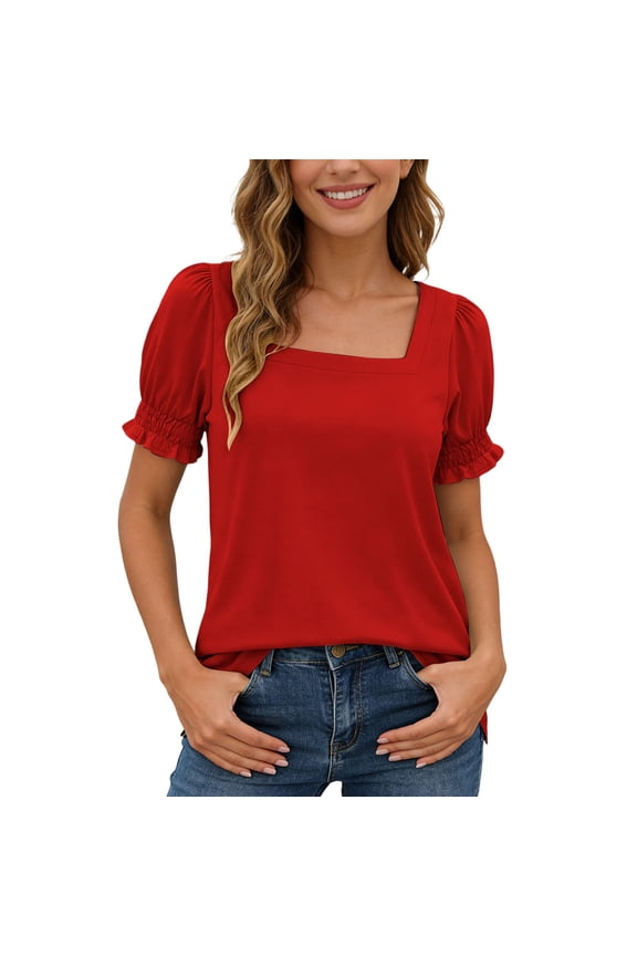 Women's Square Neck Puff Sleeve Tee, Casual Loose Fit Ruffle Short Sleeve Top for Summer Daily & Beach Wear, 1PC, S-XXL
