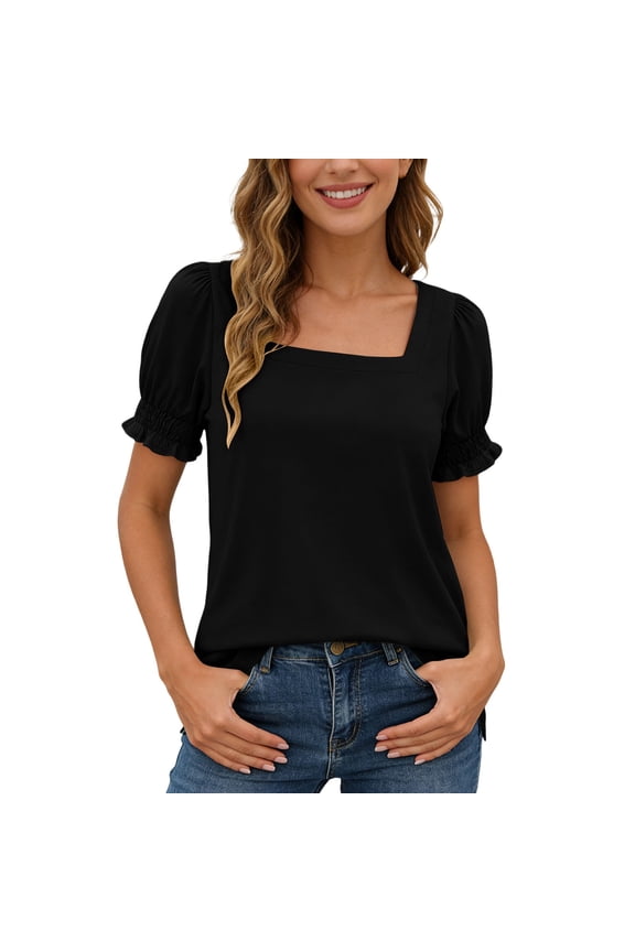 Women's Square Neck Puff Sleeve Tee, Casual Loose Fit Ruffle Short Sleeve Top for Summer Daily & Beach Wear, 1PC, S-XXL