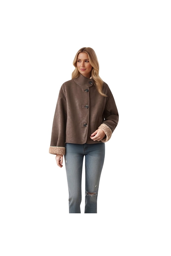 Women’s Stand Collar Fleece Lined Faux Leather Short Jacket, Button Down Relaxed Moto Outerwear, Warm Winter Streetwear Coat, 1 Piece Garment, S-XXL Plus Size Friendly