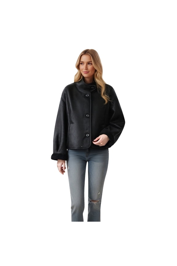 Women’s Stand Collar Fleece Lined Faux Leather Short Jacket, Button Down Relaxed Moto Outerwear, Warm Winter Streetwear Coat, 1 Piece Garment, S-XXL Plus Size Friendly