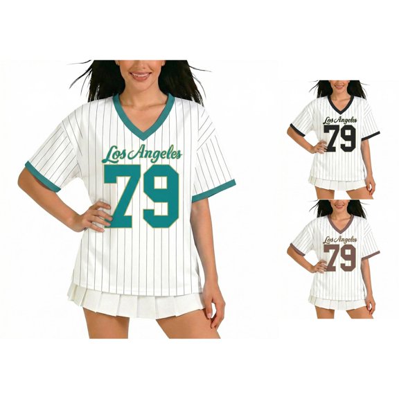 Jane Wardrobe Women's Striped Baseball T-Shirt, V Neck Los Angeles 79 Print Oversized Top, 1 Piece, S-XXL Plus Size Friendly