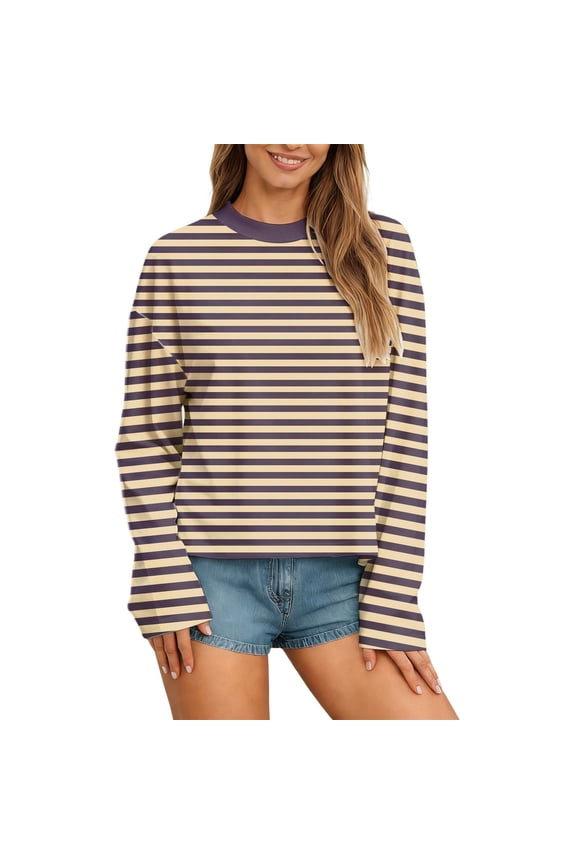 Women's Striped Long Sleeve Tee, Color Block Crew Neck Loose Fit Casual Fall Polyester T-Shirt for Daily & Lounge Wear, 1PC, XS-XL