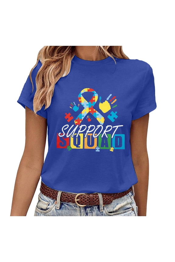 Women's Support Squad Autism Awareness Tee, Puzzle Ribbon Print Short Sleeve Casual Summer Polyester T-Shirt for Daily & Community Events, 1PC, S-XXXL