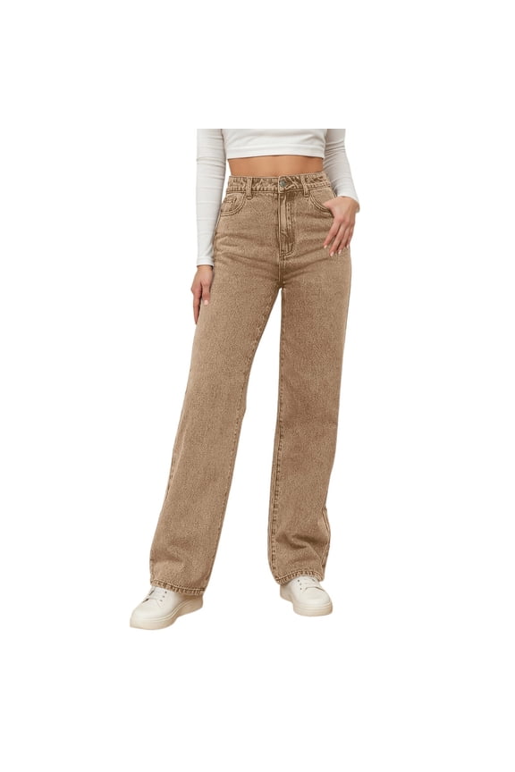 Women’s Vintage Washed High Waisted Straight Leg Jeans, Relaxed Fit Casual Trousers, Soft Polyester All-Season Pants, 1 Piece, Sizes 3XL Through 5XL