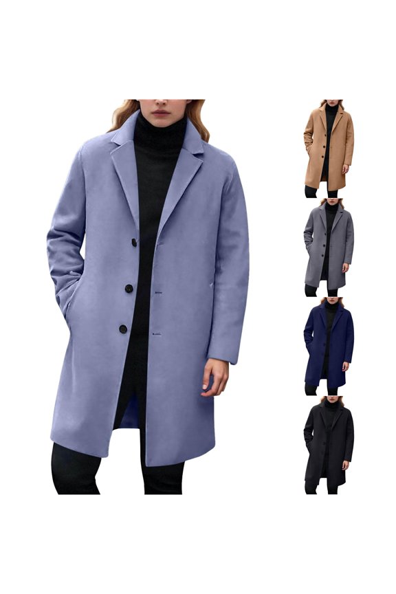 Wool Blend Notch Lapel Overcoat for Unisex, Single Breasted Long Sleeve Mid-Length, Casual Fall Winter Outerwear, 1 Piece, M-5XL, Plus Size Friendly