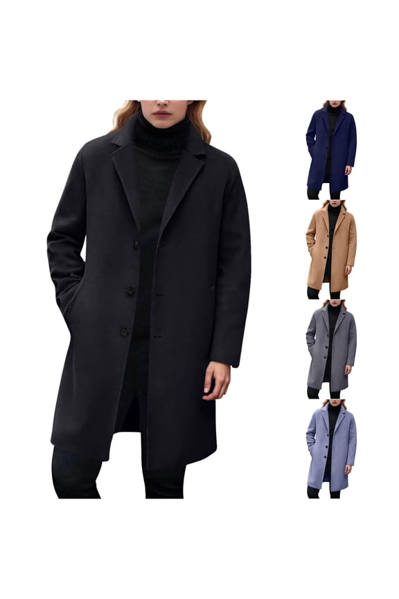 Wool Blend Notch Lapel Overcoat for Unisex, Single Breasted Long Sleeve Mid-Length, Casual Fall Winter Outerwear, 1 Piece, M-5XL, Plus Size Friendly
