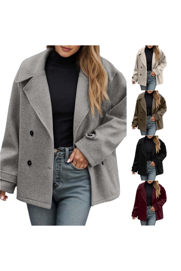 Wool Feel Cropped Button Front Jacket for Women, Lapel Collar Long Sleeve, Elegant Short Fall Outerwear, 1 Piece, S-3XL, Plus Size Friendly