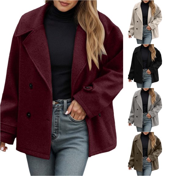 Jane Wardrobe Wool Feel Cropped Button Front Jacket for Women, Lapel Collar Long Sleeve, Elegant Short Fall Outerwear, 1 Piece, S-3XL, Plus Size Friendly
