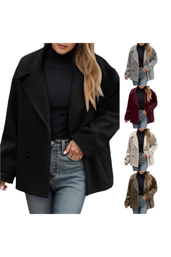 Wool Feel Cropped Button Front Jacket for Women, Lapel Collar Long Sleeve, Elegant Short Fall Outerwear, 1 Piece, S-3XL, Plus Size Friendly