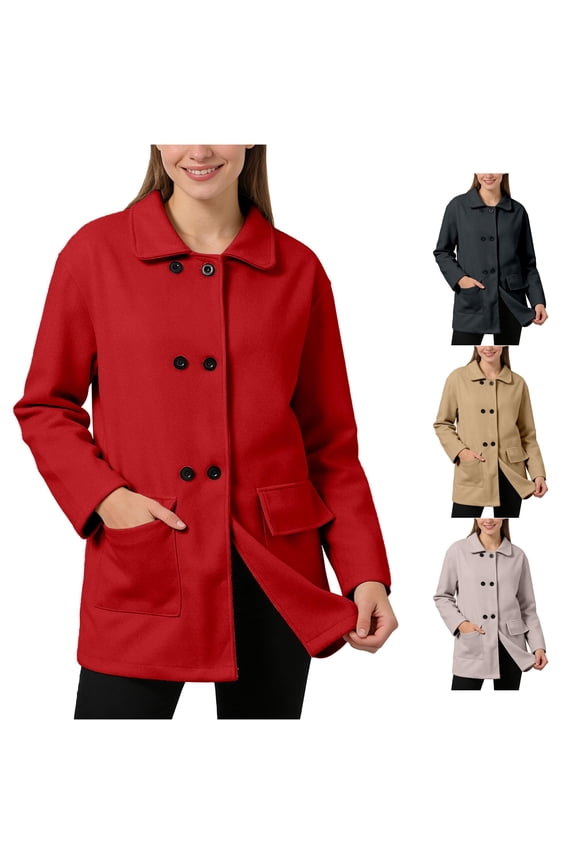 Wool Feel Double Breasted Pea Coat for Women, Peter Pan Collar Mid-Length, Casual Outerwear with Pockets, 1 Piece, M-4XL, Plus Size Friendly