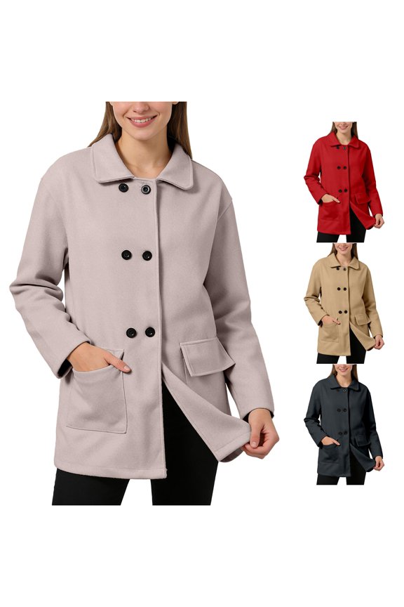 Wool Feel Double Breasted Pea Coat for Women, Peter Pan Collar Mid-Length, Casual Outerwear with Pockets, 1 Piece, M-4XL, Plus Size Friendly