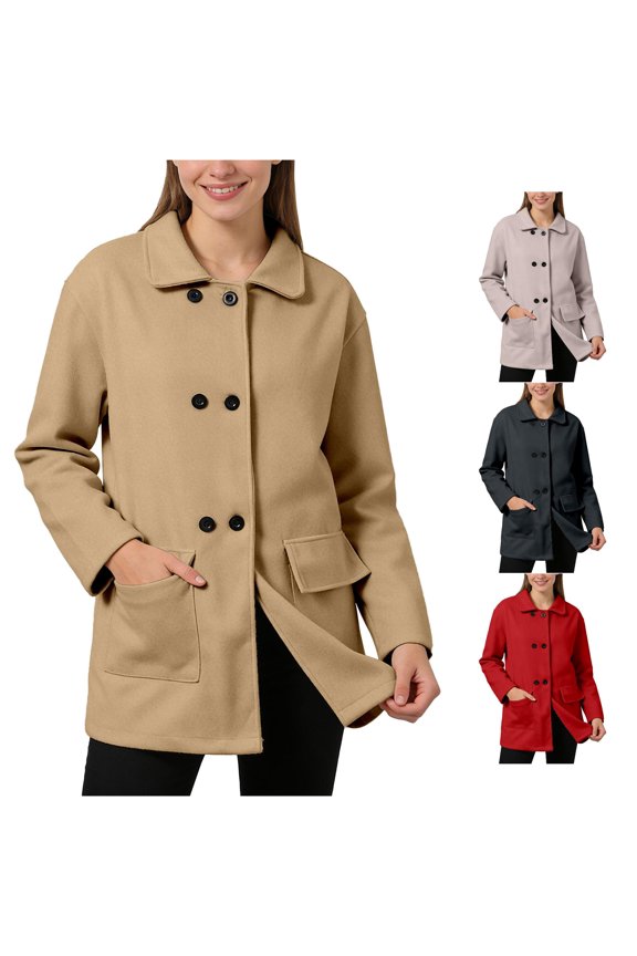 Wool Feel Double Pea Coat for Women, Peter Pan Collar Mid-Length, Casual Outerwear with Pockets, 1 Piece, M-4XL, Plus Size Friendly