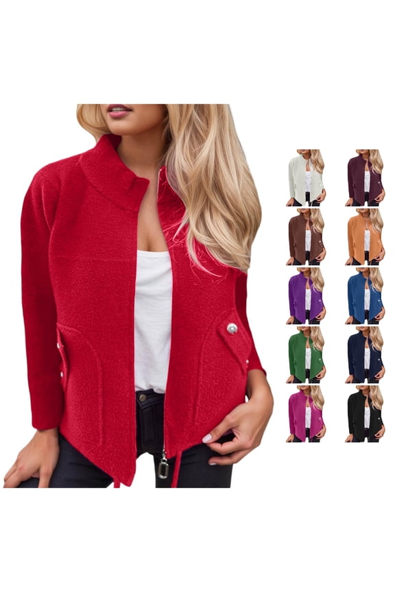 Wool Feel Lapel Collar Blazer Jacket for Women, Tie Waist Decorative Pockets, Elegant Fall Outerwear, 1 Piece, XS-5XL, Plus Size Friendly