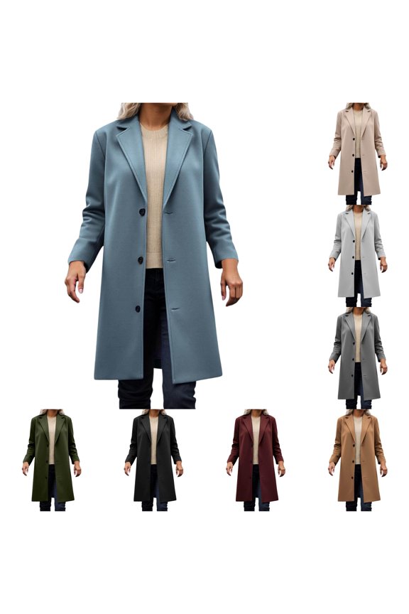 Wool Feel Single Breasted Long Pea Coat for Women, Lapel Collar Button Front, Elegant Commuter Fall Winter Outerwear, 1 Piece, S-XXL, Plus Size Friendly