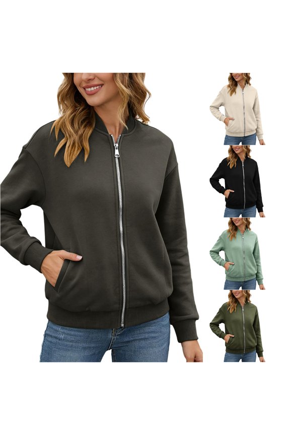 Zip Up Bomber Jacket for Women, Stand Collar Long Sleeve, Soft Casual Sweatshirt Outerwear with Pockets, 1 Piece, S-XXL, Plus Size Friendly