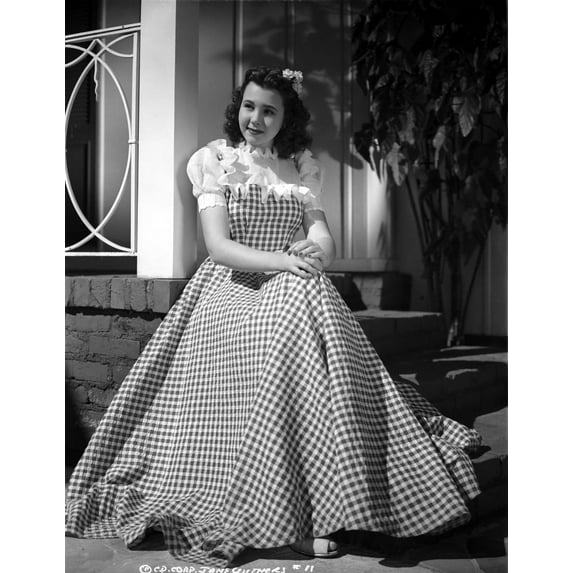 Jane Withers Posed in White Short Sleeve with Ruffled Collar Gingham Dress with Hands Together Photo Print (24 x 30)