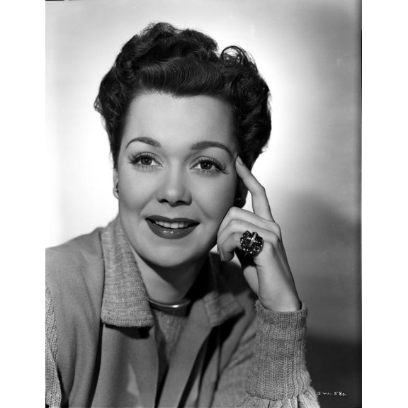 Jane Wyman Portrait in Grey Linen Tweed Long Sleeve Shirt and Round Neck Cotton Shirt with Right Hand Finger Touching the Head in White Background Photo Print (8 x 10)