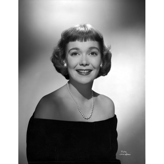 Jane Wyman Portrait in Black Velvet Long Sleeve Shoulder Dress and Pearl Necklace with Pearl Earrings Photo Print (24 x 30)
