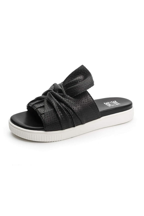 JESSICA Bow Slides Sandals Open Toe Black Leather Mules Flats (Black, 6)