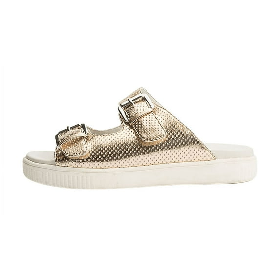 Jane and the Shoe JOEY Slide Sandal Rose Gold Buckle Leather Slip On Mule Slides (Rose Gold, 6)