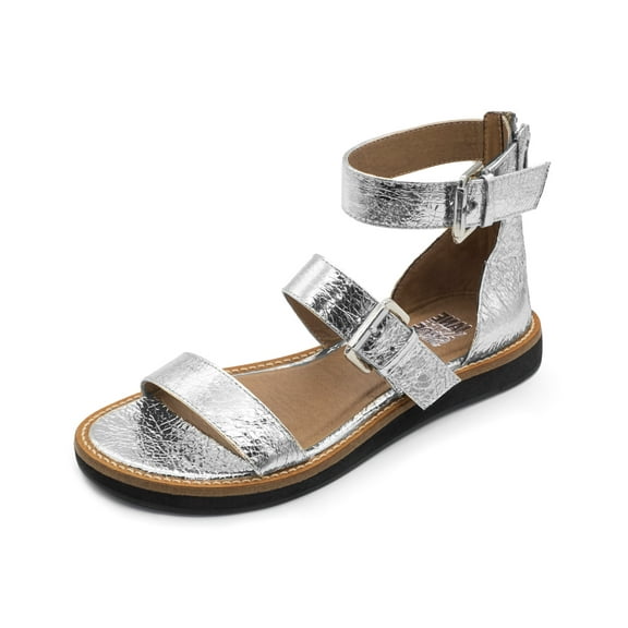 Jane and the Shoe Jenna Silver Leather Fashion Open Toe Ankle Strap Sandals (Silver, 6)