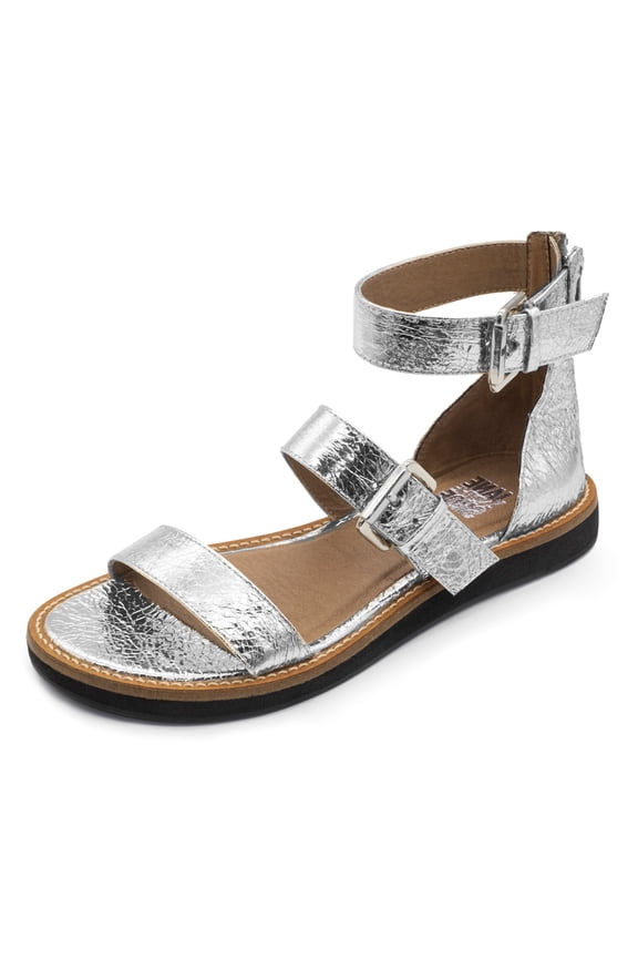 Jenna Silver Leather Fashion Open Toe Ankle Strap Sandals (Silver, 6)