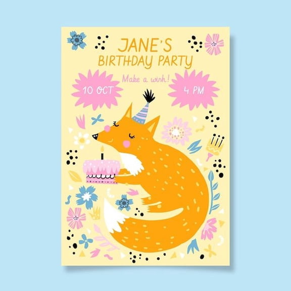 Jane's Birthday Party Invitation Cute Fox Design with Cake Fun and Colorful Printable Invitation for Kids' Birthday Celebration Date and Time Included