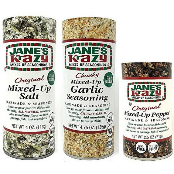 Jane's Krazy Mixed Up Seasonings Variety Pack of 3 - Mixed-Up Salt Pepper and Garlic