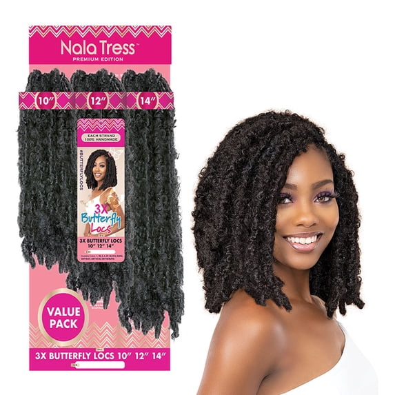 Janet Collection Nala Tress Locs Synthetic Hair Crochet Braid Loop 3x Butterfly Locs 10”12”14” ( #1 Jet Black )