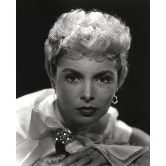 Janet Leigh Close Up Portrait in White High-Neck Silk Dress and Brooch with Small Hoop Earring Photo Print (8 x 10)