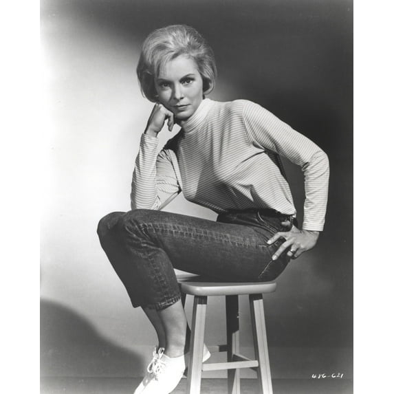 Janet Leigh sitting on a Chiar in White High Neck Long Sleeve Linen Dress with Knees Bent and Head Leaning on the Right Hand Photo Print (8 x 10)