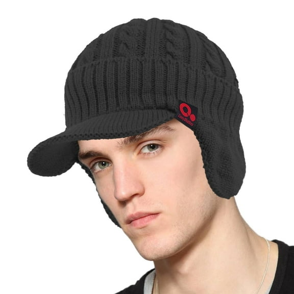 Janey&Rubbins Mens Winter Ear Flap Visor Beanie Knit Hat with Bill Fleece Lined Brimmed Cap (Black)
