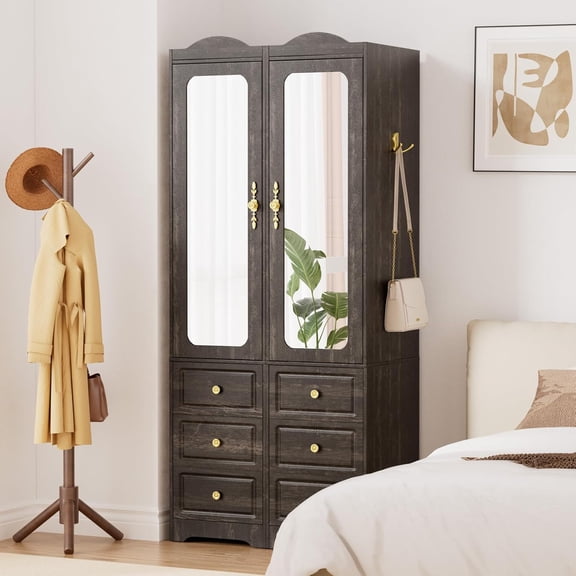 JanfltHome Rustic Brown Armoire Wardrobe Closet, 69.5" H Wood Bedroom Armoires Cabinet with Mirror Door and 3 Drawers, Clothing Storage Cabinet with Hanging Rod & Sensor Light for Bedroom(Left+Right)