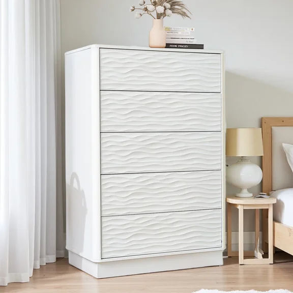 JanflyHome 5 Drawer Dresser, 43" Tall White Wave-like Chest of 5 Drawer Dresser with Handless Design and Extra Deep Drawers for Bedroom & Closet Island