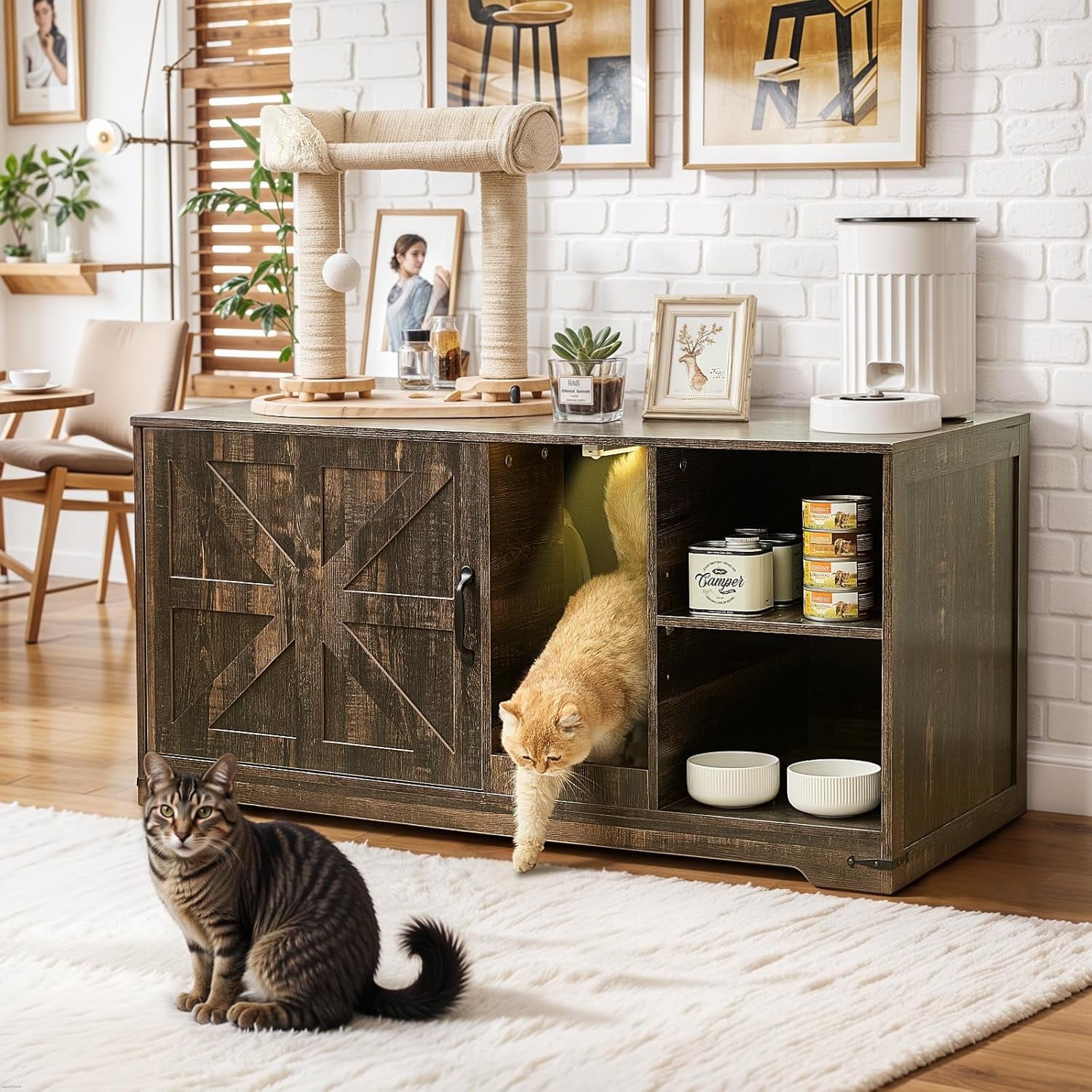 JanflyHome Cat Litter Box Enclosure,  43.3 inches Hidden Litter Box Furniture Cabinet with Storage, Cardboard, Light, Wood Indoor Cat House Washroom, Farmhouse Style, Rustic Brown Oak