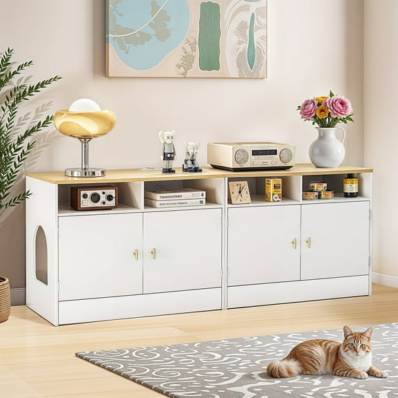 JanflyHome Litter Box Furniture for 2 Cats, 63" Cat Litter Box Enclosure TV Stand Cabinet with Power Outlet, Storage and Sliding Bottom Easy Clean, White