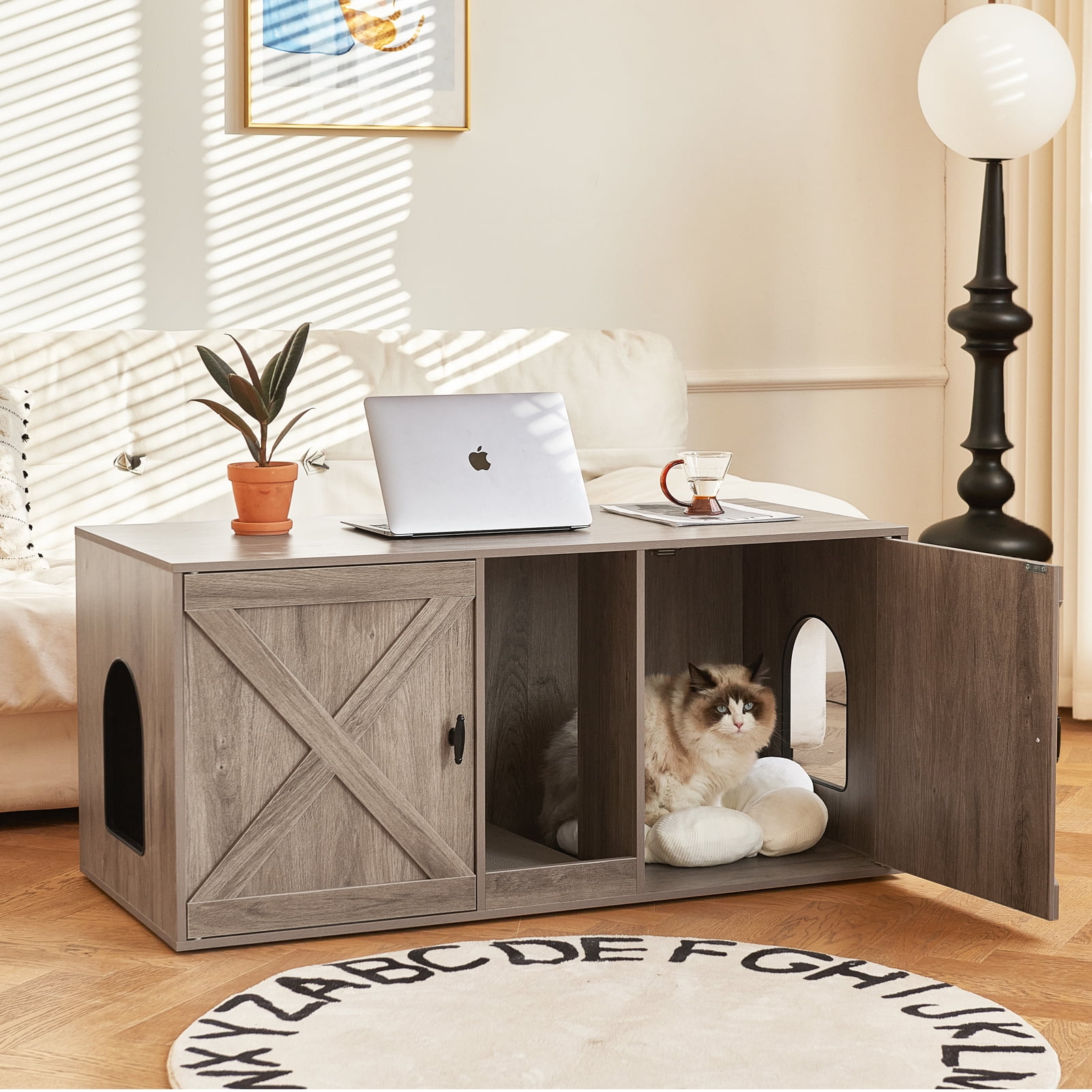 JanflyHome Hidden Cat Litter Box Enclosure, 42.5" Litter Box Furniture with Removable Cat Scratching Board Indoor for Living Room, Farmhouse Greige