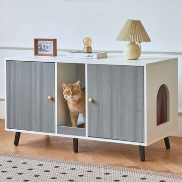 JanflyHome Litter Box Enclosure for 2 Cats, Hidden Cat Litter Box Cabinet Furniture Indoor, Double Room, Scratching Pad, Side End Table, Gray