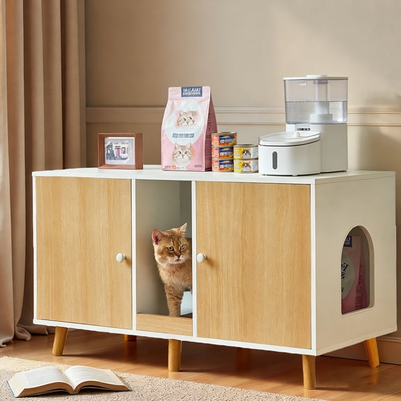 JanflyHome Litter Box Enclosure for 2 Cats, Hidden Litter Box with Double Room and Scratching Board, Cat House Kitty Washroom, Natural Wood