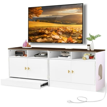 JanflyHome Litter Box Furniture for 2 Cats, 63" Cat Litter Box Enclosure TV Stand Cabinet, White & Walnut