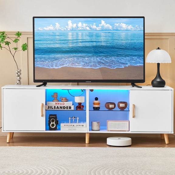 JanflyHome Modern TV Stand Console with Outlet, Gaming Entertainment Center, LED Lights, White