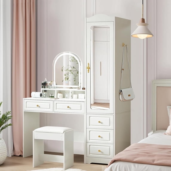 JanflyHome Vanity Desk Armoire Set, White makeup table with mirror lights and storage drawers