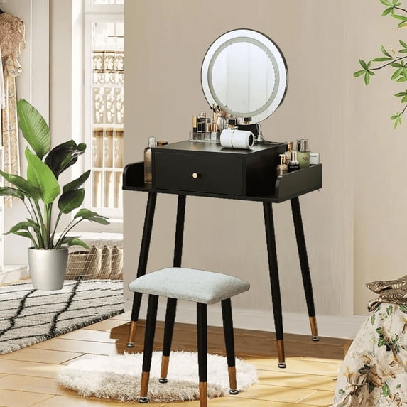 JanflyHome Vanity Desk, Makeup Vanity Table Set with Stool, Vanity Table with Mirror and Light Power Outlet, Adjustable, Black