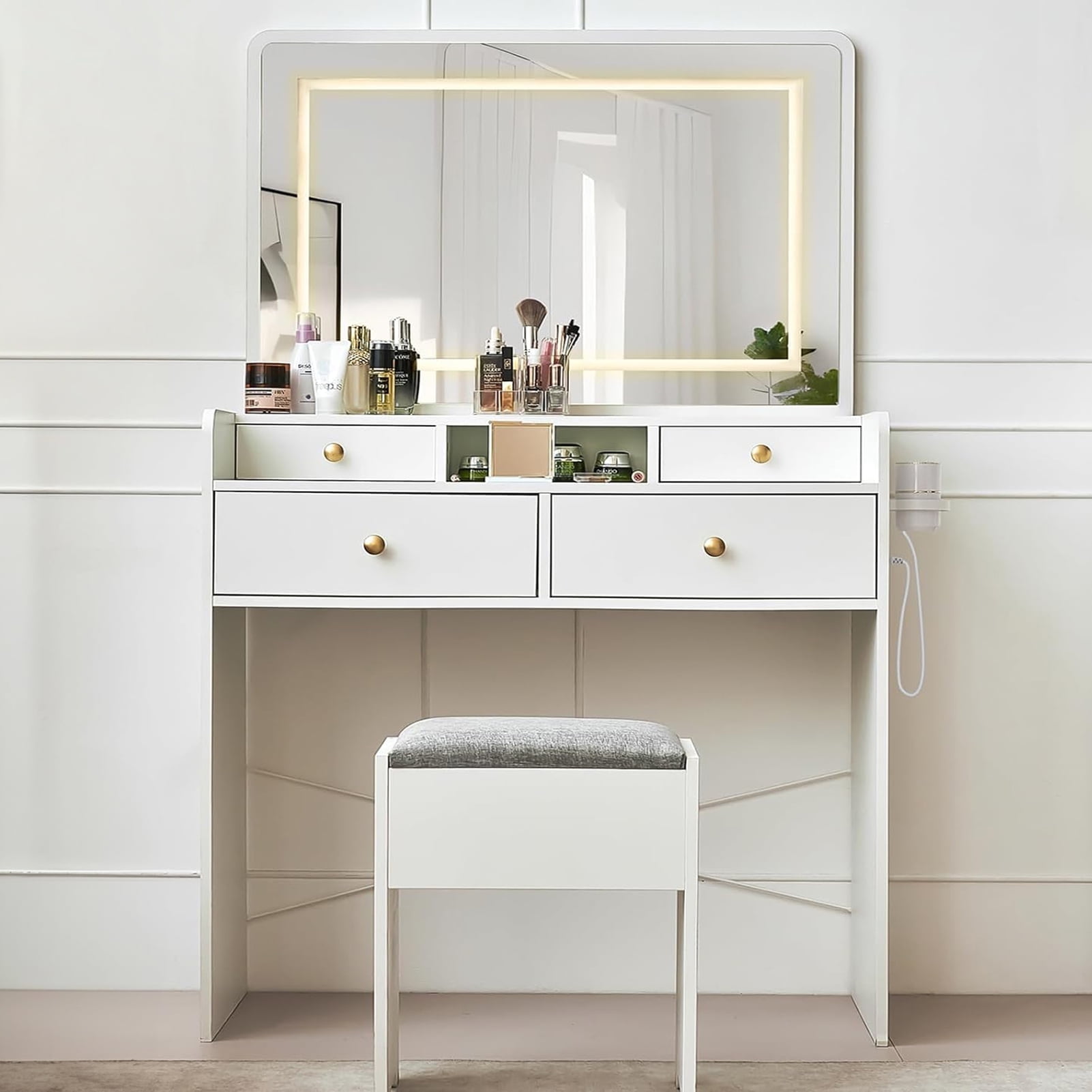 JanflyHome Vanity Desk with Mirror and Lights, Storage Stool, 41" Large Makeup Dressing Table for Girls Women Bedroom, White