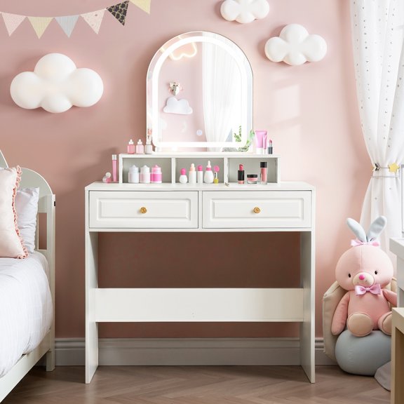 JanflyHome Vanity, Compact Vanity Desk with Mirror and Brightness Adjustable Light, Dressing Table for Girls Women Bedroom, Flats and Smaller Bedrooms, White, Perfect Gift for Family