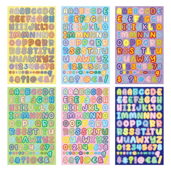 Jangslng 6 Sheets English Letter Sticker Self-adhesive Vinyl Iridescent Colorful Alphabet Number Punctuation Craft Scrapbooking Bulletin Board Water Bottle Decal DIY Supplies