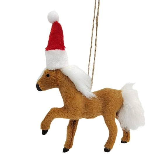 Jangslng Horse Pendant Lovely Christmas Hat Simulation Animal Model Hanging Ornaments Faux Fur Horse Doll Christmas Tree Pendant Home Decoration Christmas Gift